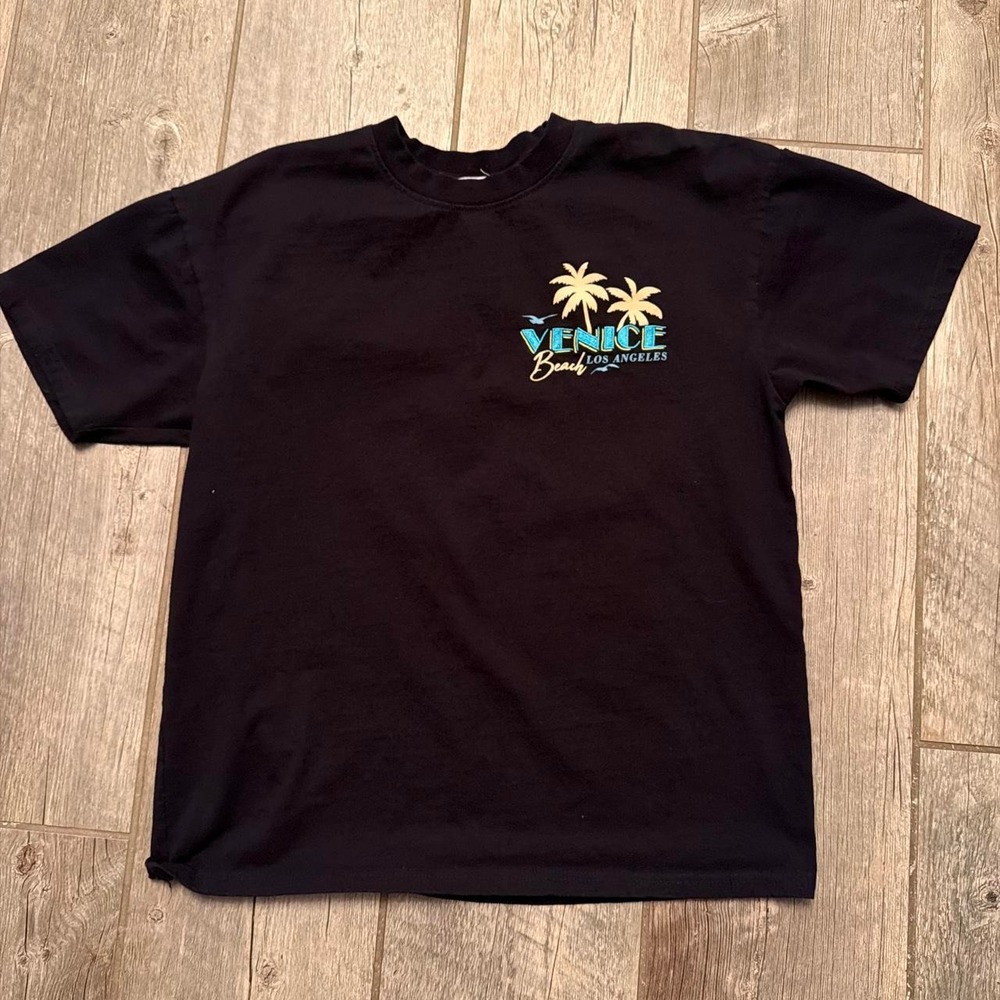 Black Embroidered lettering Venice Beach Los Angeles T-shirt with palm tree